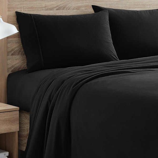 Flannel Sheets Warm and Cozy Deep Pocket Breathable All Season Bedding Set with Fitted, Flat and Pillowcases, King, Black