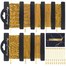 Ecoofor 18k Gold Necklace Chains for Jewelry Making, 52.5 Feet 8 Rolls Bracelet Chains for DIY,6.5 Feet Each Style, Gold Filled Chain with Jump Rings/Lobster Clasps/Connectors