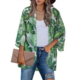 Women's Green Palm Leaf Print Kimono Cover Ups Summer Cardigans Beach Chiffon Sheer Boho Tropical Hawaiian Tops Jungle Blouse S