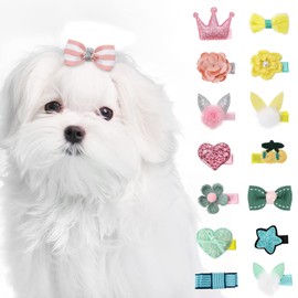 Whaline 15Pcs Dog Hair Clips Pink Blue Yellow Puppies Hair Barrettes with Metal Clips Cute Bow Heart Flower Crown Hairpin for Dog Cat Pet Hair Grooming Accessories Party Birthday Supplies