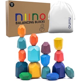 Milah Niino 20 Pcs Multicolour Wooden Blocks-Wooden Stone Balancing Blocks- Wooden Stacking Toys-Wooden Stones Building Blocks-Stacking Rocks-Colourful Natural Rainbow Stacking Sensory Toy