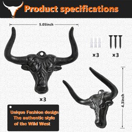 HWAQHDYL 3 pcs Cowboy Hat Hanger Metal Cast Iron Cowboy Hat Holder Black Retro Cowboy Hat Rack ​Western Longhorn Hooks for Storage and Closet Bedroom Decorative Wall Hooks (Ox Head)