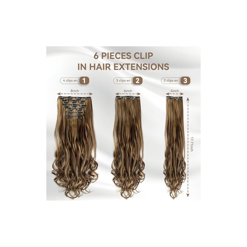 Extensiones de Cabello con Clip, Invisible Onduladas, 6 piezas, Ajustable