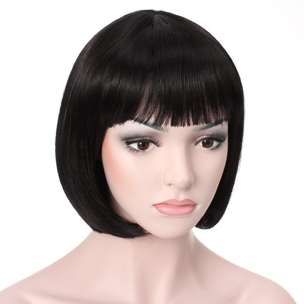 OneDor® 10” Short Straight Flapper Bob Heat Friendly Cosplay Party Costume Hair Wig (1B-Off Black)