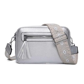 Fontanella Fashion Women's Double Zip Compartment Tassel Charm Lightweight Messenger Handbag Shoulder Crossbody Bag - SILVER