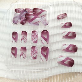 Square Press on Nails Medium Fake Nails Press ons Full Cover False Nails Wine Red Broken Glass Pattern Acrylic Nails Glossy Glue on Nails for Women Manicure 24 Pcs