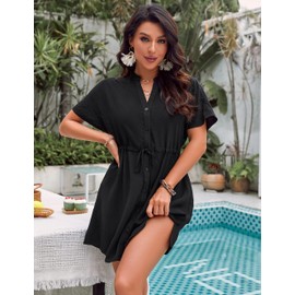 Blooming Jelly Women's Swimsuit Cover Ups Beach Dress Button Down Bathing Suit Coverups for Swimwear (XXL, Black)