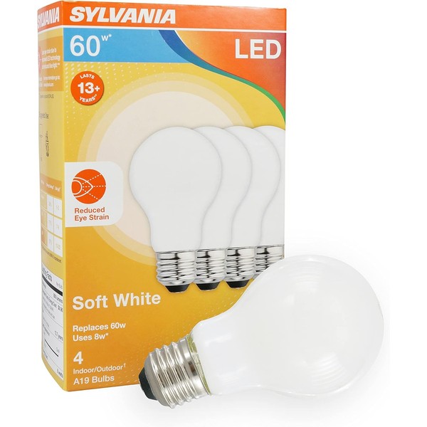 SYLVANIA Reduced Eye Strain A19 LED Light Bulb, 60W = 8W, 13 Year, Dimmable, Frosted, 2700K, Soft White - 8 Pack