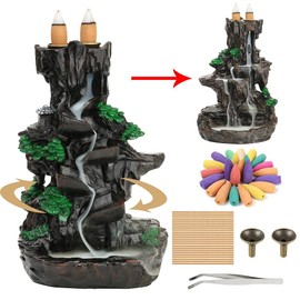 Gelory Waterfall Incense Burner Mountain Design, Home Incense Cone Holder, Aromatherapy Incense Holder with 120 Upgreded Cones, 30 Incense Sticks, 1Non-slip Pad