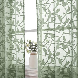 OVZME Anji Sheer Sage Green Curtains 63 Inches Long, Light & Airy Privacy Textured Sheer Drapes, Dual Rod Pocket Voile Clipped Birds Luxury Panels for Kid Bedroom Living Room, 38 x 63 inch, Set of 2