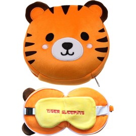Puckator Relaxeazzz Tiger Round Plush Travel Pillow & Eye Mask - Sleep Eye Mask Masks - Kids Travel Accessories For Sleeping Airplane - Flight Plane Neck Pillow Pillows