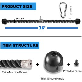 Taeku Tricep Rope, Exercise Cable Machine Attachment Heavy Duty Long Handle Nylon Rope with hook Solid Rubber Ends for Gym Home (Black 36'')