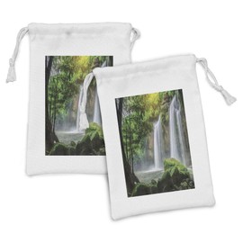 Ambesonne Waterfall Fabric Pouch Set of 2, Cascade Stream in Exotic North National Park Paradise Nature Surreal Print, Small Drawstring Bag for Toiletries Masks and Favors, 9" x 6", White Green