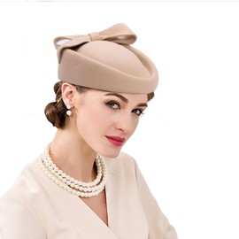 Fasbuy Wool Felt Fascinator Women Elegant Pillbox Hat Bowknot Derby Church Hat Retro Fedoras Camel