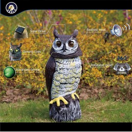 Ugold Solar Powered Owl with Motion Detection, Silent Mode, Flashing Eyes, Rotatable Head and Realistic Hoots, Plastic Owl Decoration for Home, Garden, Patio and Fence