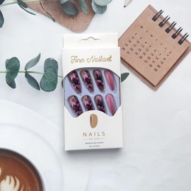 Flower Press on Nails Spring Pink Lily Fake Nails Full Cover Long Coffin Shaped False Nails with Design Glossy Pink Lily Floral Glue on Nails Summer Stick on Nails for Women Manicure Decoration