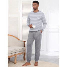 Ekouaer Men's Long Soft Pyjamas Nightwear Set with Pocket and Cuffs S-XXXL, gray, L