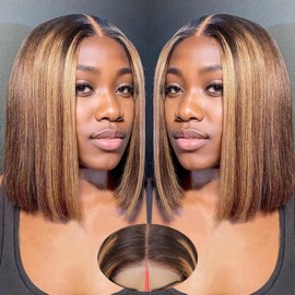 5x5 Hd Lace Closure Bob Wig 4/27 Highlight Wear and Go Glueless Human Hair Ombre Blonde 14 Inch Short Straight Bob Lace Front Wigs 200 Density No Glue Pre Plucked With Baby Hair Colored Wigs for Women