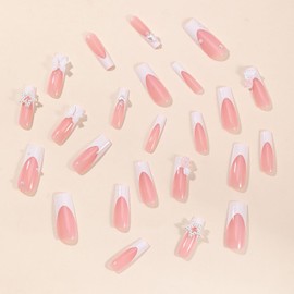 FIEONCIY Press on Nails Coffin Long Glossy Full Cover Acrylic French Square False Nails with Floral Bow Stars Designs Artificial Ballerina Fake Nails with Charm Glue Stick on Fingernails for Women