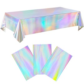 MOROBOR 3 Pack Iridescence Plastic Tablecloths, Shiny Disposable Rectangle Table Covers, Iridescent Table Cloth for Wedding Party Birthday Christmas Baby Shower Decoration, 54" x 108"