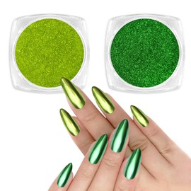 Allstarry Green Chrome Nail Powder, 2 Colors Metallic Effect Mirror Chrome Powder Pigment Manicure Glitter Kit for Gel Polish St Patricks Day Nail Art St Patty's Day Accessories - Wheat Field Green