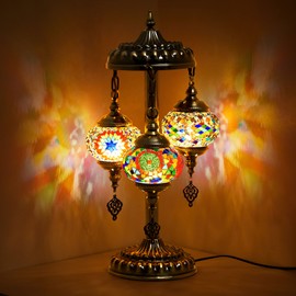Baquler Turkish Lamp 3 Globes Moroccan Table Lamp with Bronze Base Handmade Colorful Moroccan Bohemian Glass Night Light for Living Room Bedroom Decor