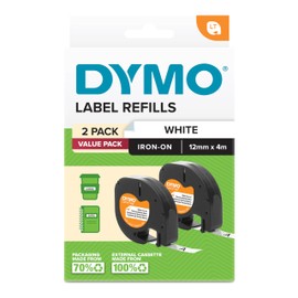 DYMO LetraTag Iron-On Fabric Labels | 12 mm x 2 m Rolls | Black Print on White | Iron-On Clothing Labels for LetraTag Printers | 2 Pack