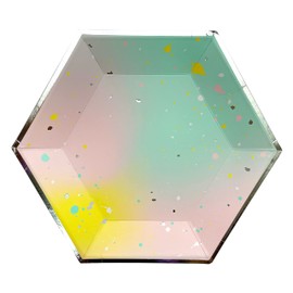 Harlow & Grey Pastel Splatter Pink, Yellow, Green with Silver Large Paper Plates, Pack of 8 Plates, Birthday, Wedding, Showers, Kids Parties, Disposable Party Plates