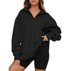 Cnlinkco Womens Oversized Sweatshirts Half Zip Pullover Fall Trendy Fashion Drop Shoulder Tunic Pullover Tops Black S