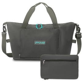 UPPERAIR Foldable Travel Tote Bag - Expandable Weekender Overnight Carry On Duffel Bag Women Men - Waterproof Gym Luggage (Grey with Strap)