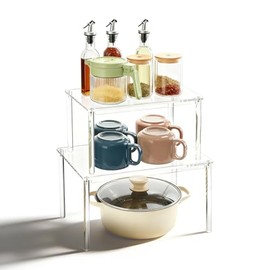 Clear Kitchen Organiser, Pack of 2 Kitchen Cabinet Organiser, Clear Spice Rack, Stackable, Transparent Cabinet Organiser, Shelf, Acrylic Cabinet Organiser for Dressing Table, Desk