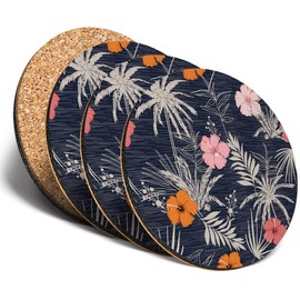 Destination Vinyl ltd Great Coasters (Set of 4) Round - Tropical Hawaii Hibiscus Surf Flower Drink Glossy Coasters/Tabletop Protection for Any Table Type #13243