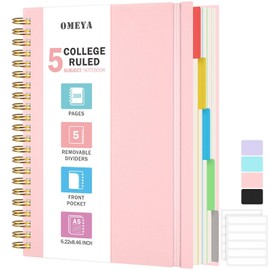 A5 Notebook, Lined Notebook with Removable Dividers, 300 Pages 100GSM Thick Notepad, Small Spiral Writing Journal Notebook for Women Men, 5 Subject Notebooks for Work Office School, 15.8 x 21.5cm,Pink
