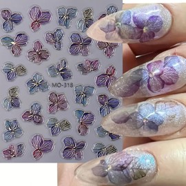 2Pcs Flower Nail Art Stickers 5D Embossed Floral Nail Decals Spring Flower Nail Stickers Golden Edge Purple Flowers Spring Summer Luxury Nail Supplies Cute Nail Accessories for Women Nail Decoration