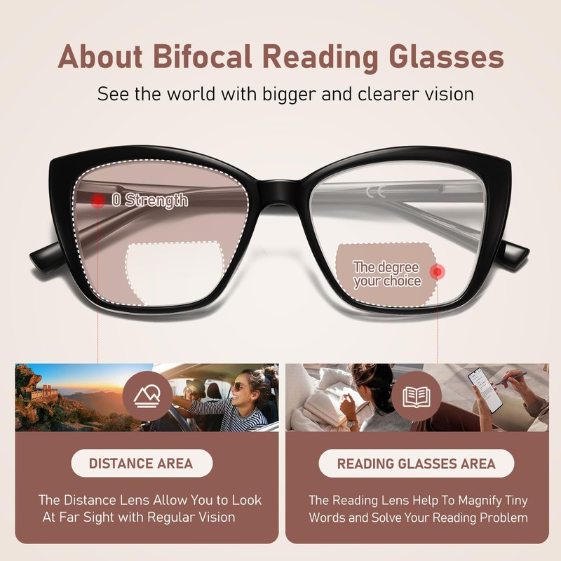 PUBOWT Bifocal Reading Glasses For Women Cat Eye Oversized Spring