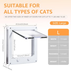 Cat Door Interior Door, Plastic Interior Cat Door Indoor Cat Door Upgraded Pet Door with Flap and 4 Way Locking for Interior Doors Medium Cats Kitties White (L)