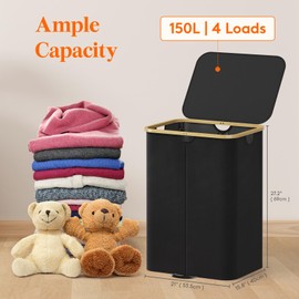 Lifewit 150L Double Laundry Hamper with Lid, Large Dual Laundry Basket Removable Bags, 2 Sections Aesthetic Clothes Hampers for Laundry with Bamboo Handles for Bedroom Bathroom Dorm, Black