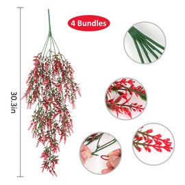 RECUTMS Artificial Lavender Flowers Fake Hanging Flowers Uv Resistant for Outdoors Fake Wall Hanging Fake Plants for Garden Wedding Party Farmhouse Decor 4 Pieces (Red)