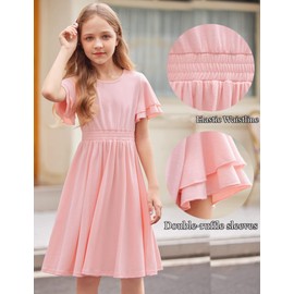 Arshiner Dress for Girls Plain Shirred High Waist Flowy Casual Party A Line Sundress (0-Pink, 11-12 Years)