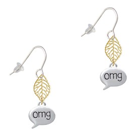 Delight Jewelry Silvertone Text Chat - omg - Oh My God - Goldtone Leaf French Earrings
