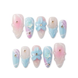 Zfans Almond Shape DreamWear Collection - 100% Handcrafted 3D Press-On Nails | Reusable, Long-Lasting, Salon-Quality Mint Bloom Eco-Friendly Nail Art Set:_Pastel Dream_s