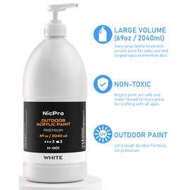 Nicpro White Large Outdoor Acrylic Paint Set (69 oz, 2040 ml) Rich Art Painting Supplies Non Toxic Multi Surface Paint for Canvas, Wood, Leather, Fabric Stone Craft, for Kid & Adult with Pump