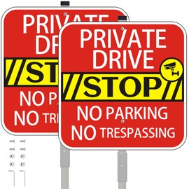 Private Drive Stop Sign with 36" Metal Stake, 12" x 12" No Parking No Trespassing Signs, Reflective Aluminum, Weather-Resistant,2Pack