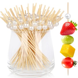 200 Cocktail Picks, White Pearl Fancy Toothpicks for Appetizers Drinks Fruit Food, 4.7 IN Long Bamboo Skewers Wood Cocktail Sticks for Wedding Bridal Shower Party Decor Charcuterie Boards Accessories