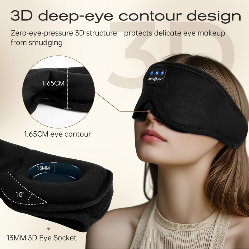 MUSICOZY BambooCotton Sleep Mask Headphone with Dual Removable 3D Eye