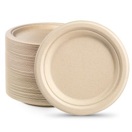 GREENESAGE Rigid 7 inch 50 Pack Heavy Duty Disposable Paper Brown Plates Sugarcane Small Disposable Plates Strong Dishes for Picnic Wedding Party BBQ