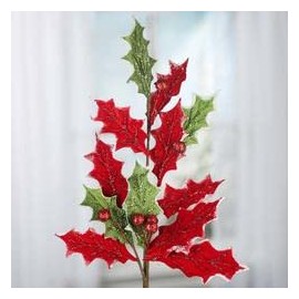 Factory Direct Craft Sparkling Velvet Red and Green Holly Leaves Spray for Holiday and Christmas Floral Decorations. | Size: 26-1/2" H