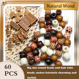 VENOFEN 60PCS Wood Hair Beads Large Hole Tube Beads Loc Dreadlock Jewelry Accessories Multi Style Braids Bead African Vintage Hair Decoration for Women
