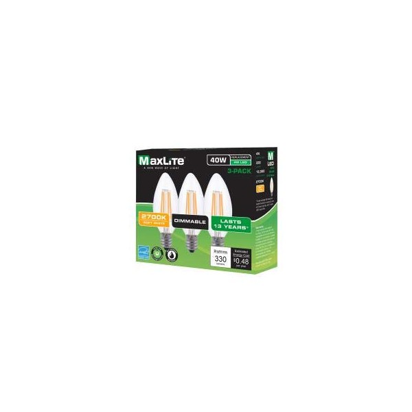 MaxLite LED Filament LAMP 4W B10 80 CRI 2700K DIM E12-3 Pack - White,F4B10D27/3P/WS