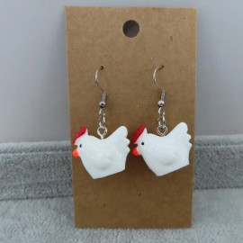 Pemby Studio CHICKEN Dangle Earrings Silver Tone Novelty Gift 3D Bird Hen White Farm Animal